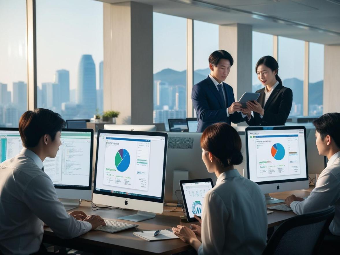 Korean IT experts analyzing data in modern finance office overlooking Seoul skyline.