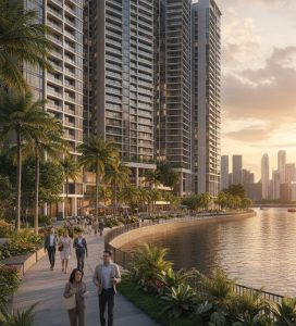 A contemporary riverfront condominium in Singapore’s District 9, showcasing sleek modern architecture, large glass windows, river views, professionals walking along a landscaped promenade, and a vibrant city skyline in the background.